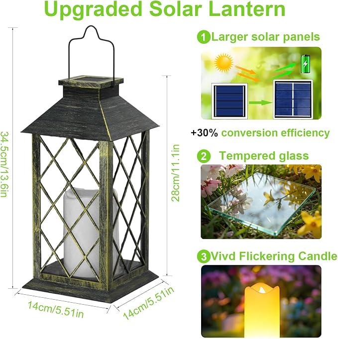 2 Pack 14" Large Tempered Glass Solar Lanterns Outdoor Waterproof | Bronze - Image 3