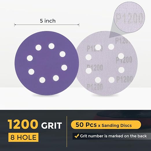 HARFINGTON 50Pcs 5Inch Sanding Disc 8 Hole 1200Grit Purple Aluminum Oxide | - Image 2