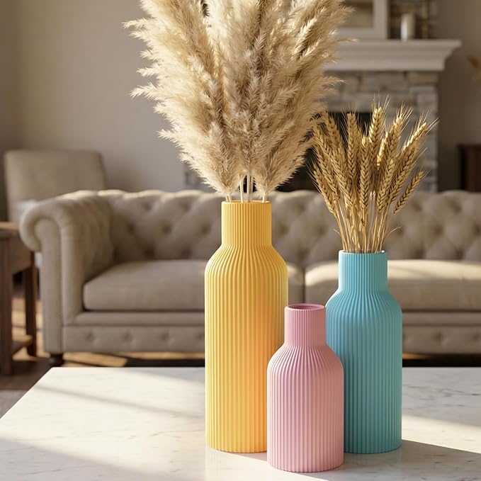 Colorful Ceramic Vases Set of 3, Matte Round Vertical Ribbed, Minimalist - Image 3