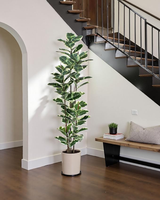 FLOWORLD Artificial Rubber Tree Plant 7ft Tall Faux Ficus Tree Potted Fake - Image 2
