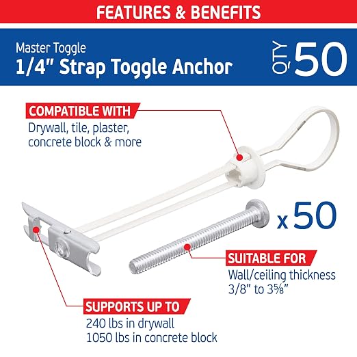1/4" Heavy Duty Toggle Bolt Strap Drywall Anchors w/ 50 Steel Threaded Studs - Image 2