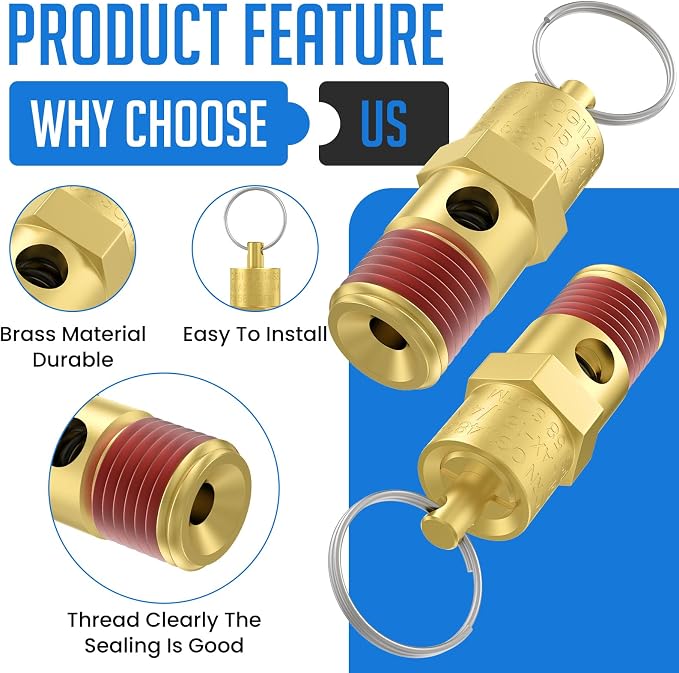 2 Pcs 1/4" NPT 200 PSI Air Compressor Pressure Relief Valve, Brass Safety Valve - Image 3