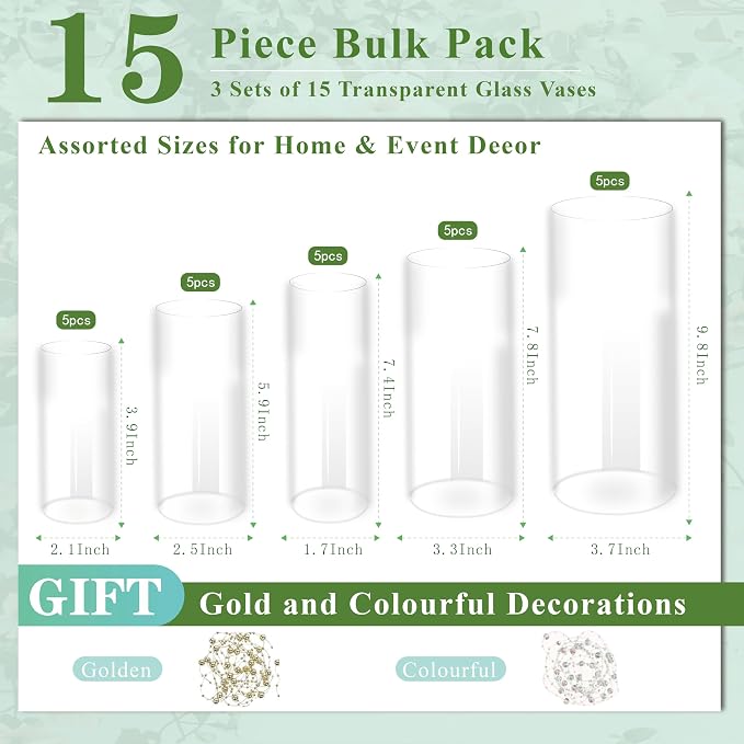 15pcs Clear Glass Vase for Centerpieces, 10 inch Tall Cylinder Flower Vase Bulk - Image 2
