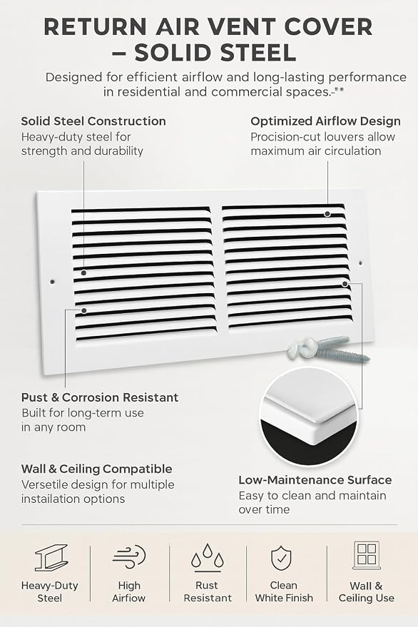 14x08 Air Return Vent Cover, Solid Steel White, 4 Pack - Image 5
