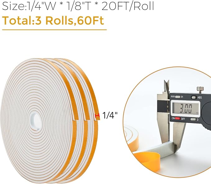 Ravinte Weather Stripping Door Seal, 1/4 x 1/8 Adhesive Foam Tape, 60 FT | - Image 3