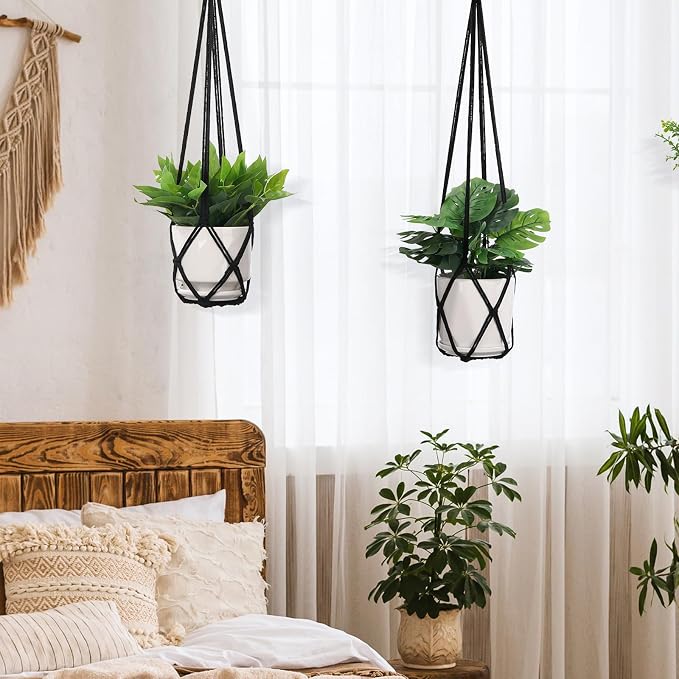 YIBOT Macrame Plant Hanger Indoor 35 Inch Hanging Planter Basket Black 2Pc | - Image 6