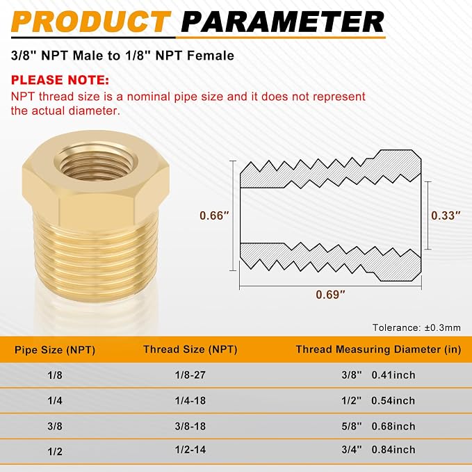 KOOTANS 4pcs Heavy Duty 3/8 NPT Male Thread to 1/8 NPT Female Thread Brass - Image 2