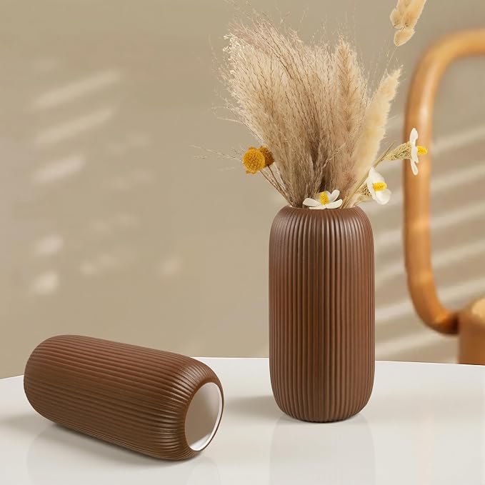 Ceramic Vase for Flowers – Modern Small Ribbed Textured Flower Vase for Home - Image 2