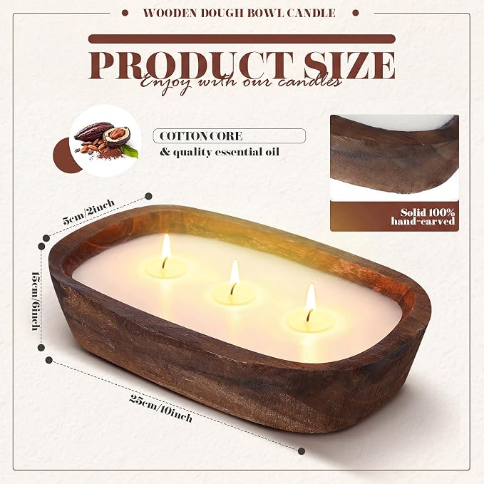 Threlaco 1 Pack 10 Inch Wood Dough Bowl Candles Home Rustic Dough Bowl Soy - Image 2