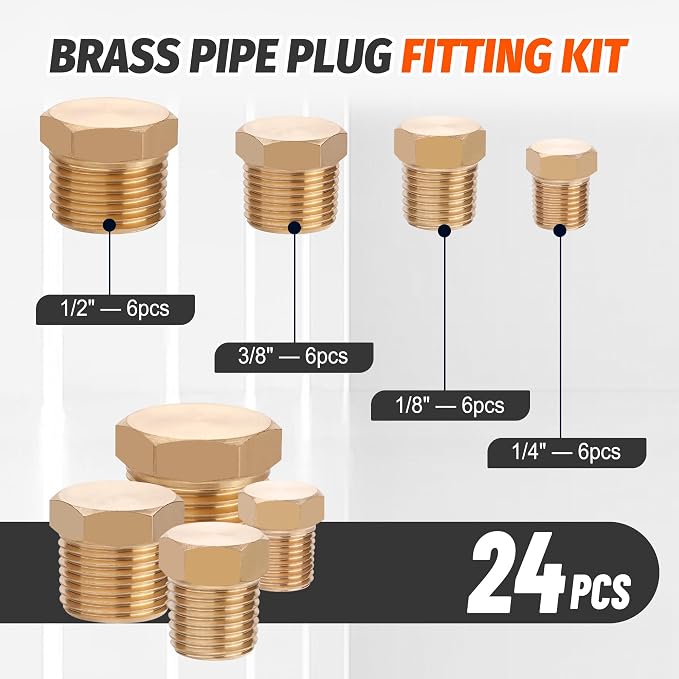24PCS Brass Pipe Fittings Hex Head Plugs, 1/8" 1/4" 3/8" 1/2" NPT | Outer Hex - Image 2