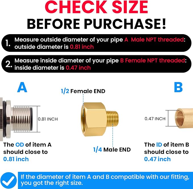 SDTC Tech 2-Pack Brass Pipe Fitting 1/4 NPT Thread Male to 1/2 NPT Thread - Image 3
