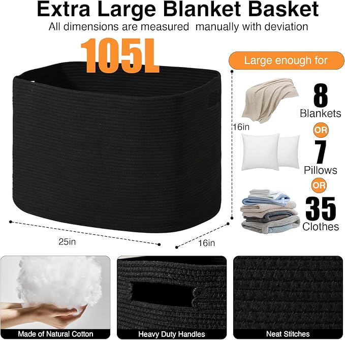 ICERZCZ Large Black Blanket Basket, Storage Baskets - Image 2