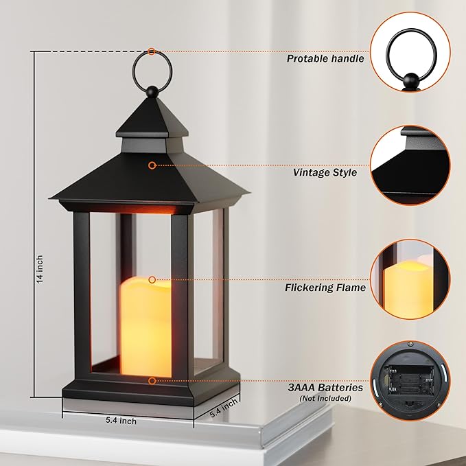 14" Lanterns Decorative Indoor/Outdoor, 2 Pack Black Lantern Decor - Image 2