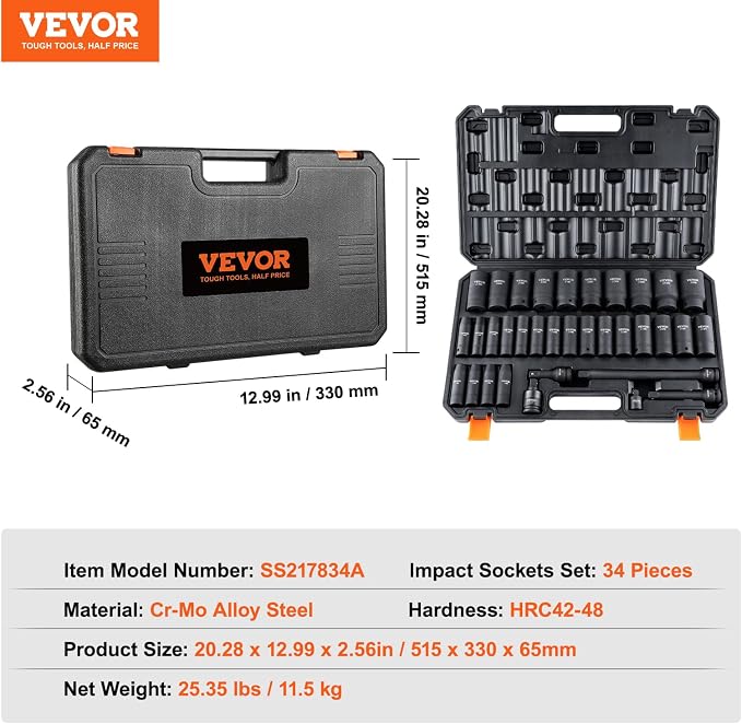 VEVOR 1/2" Drive Impact Socket Set, 34 Piece Socket Set Metric 8-36mm, 6 Point - Image 7