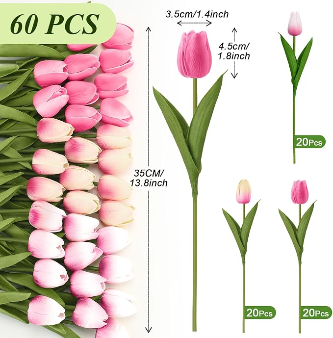 Janinka 60pcs Artificial Tulip Flowers Fake PU Tulips Faux Latex Bouquet Flower - Image 2