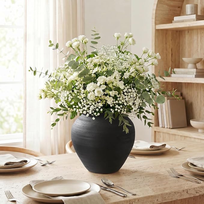 Matte Black Ceramic Vase, 6.7” Wabi-Sabi Ribbed Flower Vase, Handmade Pottery - Image 6