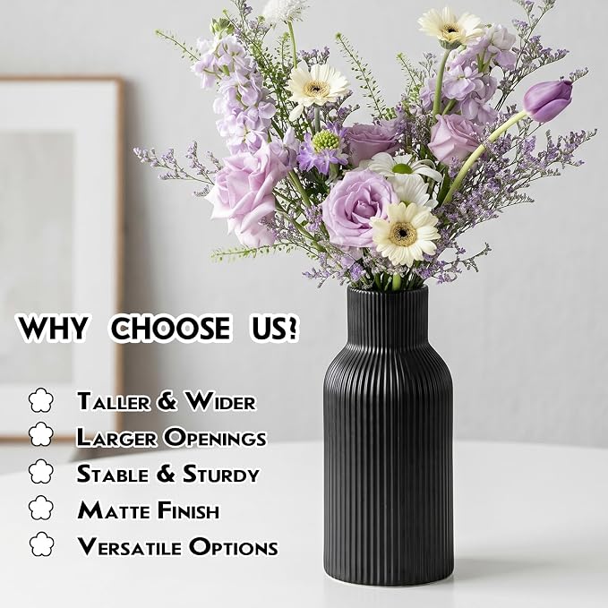 Black Ceramic Tall Vase, Modern Smooth Vertical Ribbed, Nordic Minimalist - Image 5