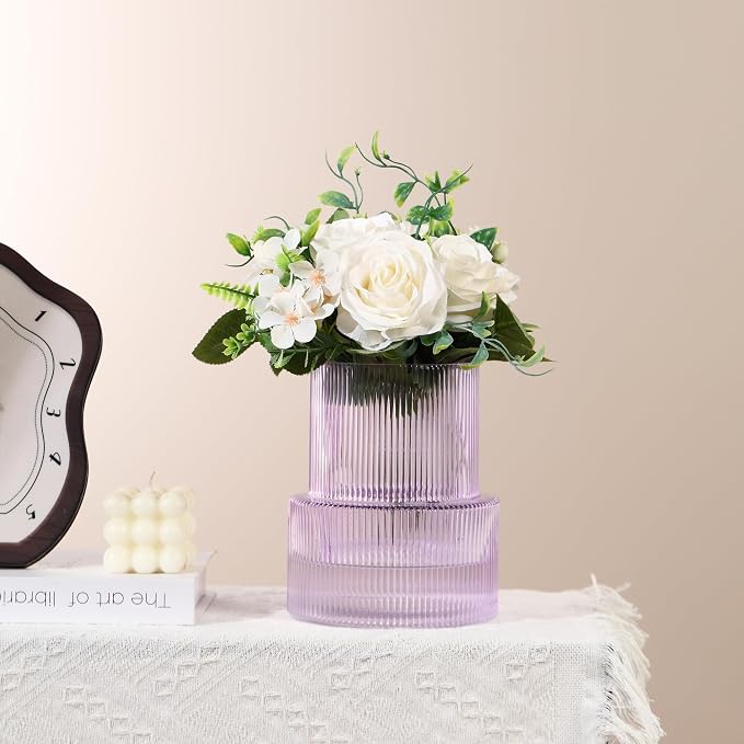 Ribbed Glass Vase, Flower Vase, Fluted Purple Vases - Image 4