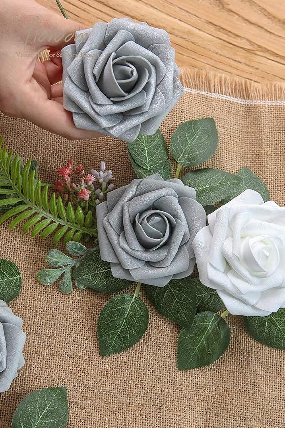 Artificial Flowers 25pcs Real Looking Shimmer Silver Grey Foam Fake Roses - Image 3