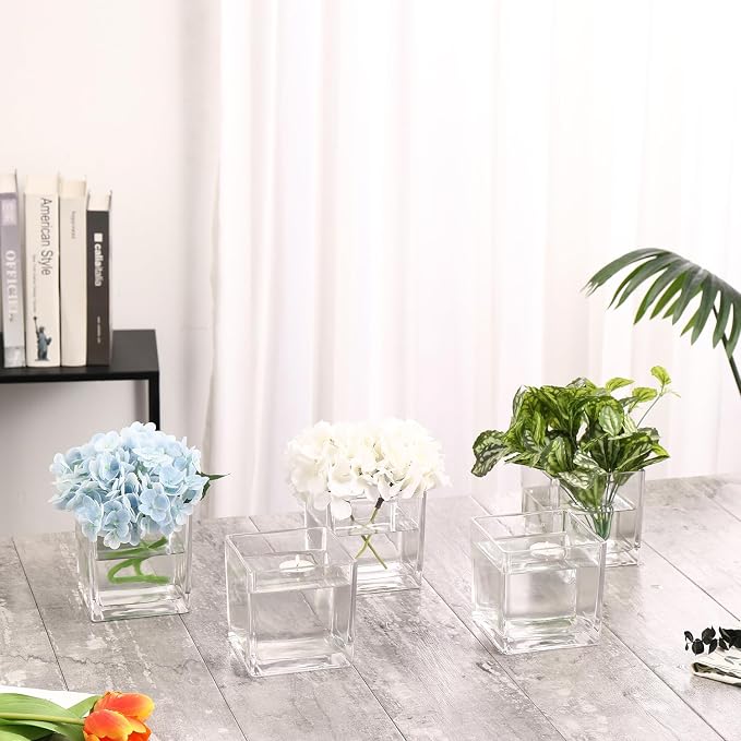 Square Clear Glass Vases Set of 2, Flower Vases - Image 5