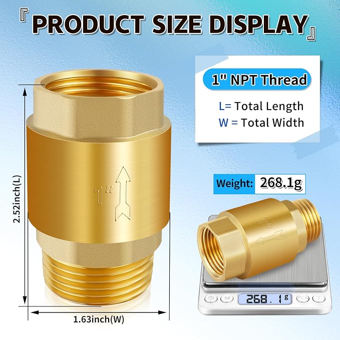 2Pcs 1in NPT Spring Check Valve, Brass Non Return One Way Check Valve, Vertical - Image 3