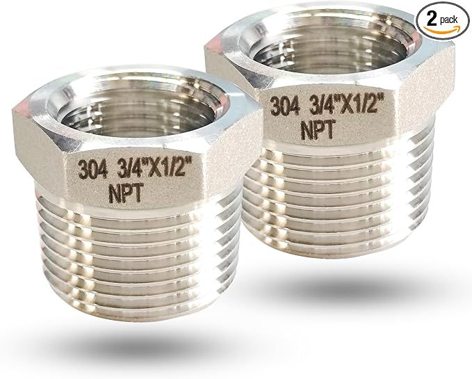 3/4" NPT Male to 1/2" NPT Female Reducer Bushing, 304 Stainless Steel Pipe Hex by Unknown