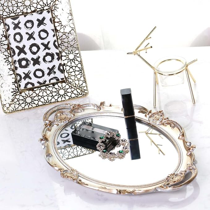 Polyresin Ellipse Antique Decorative Mirror Tray, Makeup Organizer, Jewelry - Image 3