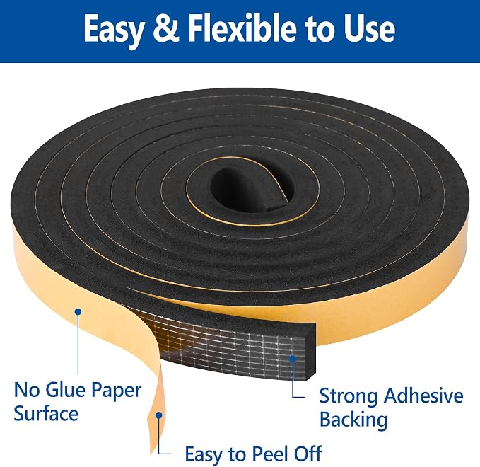 Self Adhesive Foam Tape Weatherstrip 1/2in x 3/8in x 16.5Ft High Density Foam - Image 3