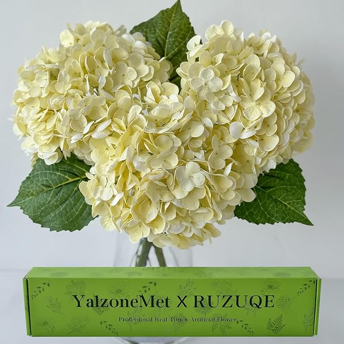 YalzoneMet 3 PCS Beige Creamy Hydrangea Artificial Flowers 21 inches Real Touch by YalzoneMet