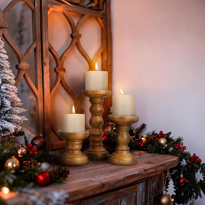 Candle Holder for Pillar Candle Set of 3, Farmhouse Wood Candle Holder - Image 6