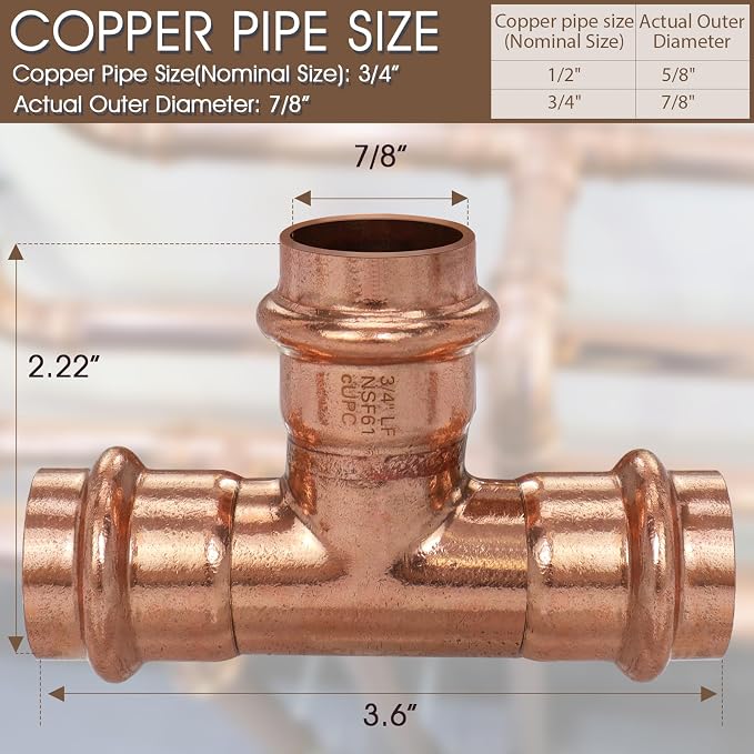 Copper Press Fittings Tee 3/4 Inch Copper Press Tee Coupling 6PK, Zero Lead | - Image 2