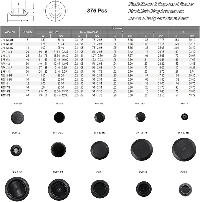 376pcs Flush Mount Black Plastic Hole Plug Assortment - Image 2