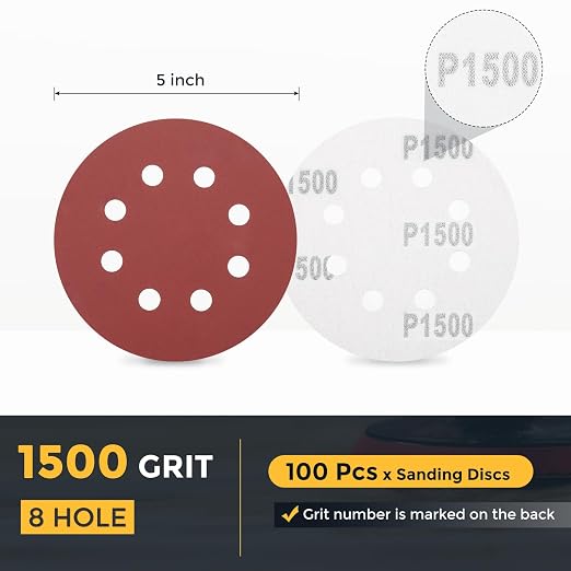HARFINGTON 100 Pcs 5 Inch Sanding Discs 1500 Grit Red Aluminum Oxide 8 Hole | - Image 2
