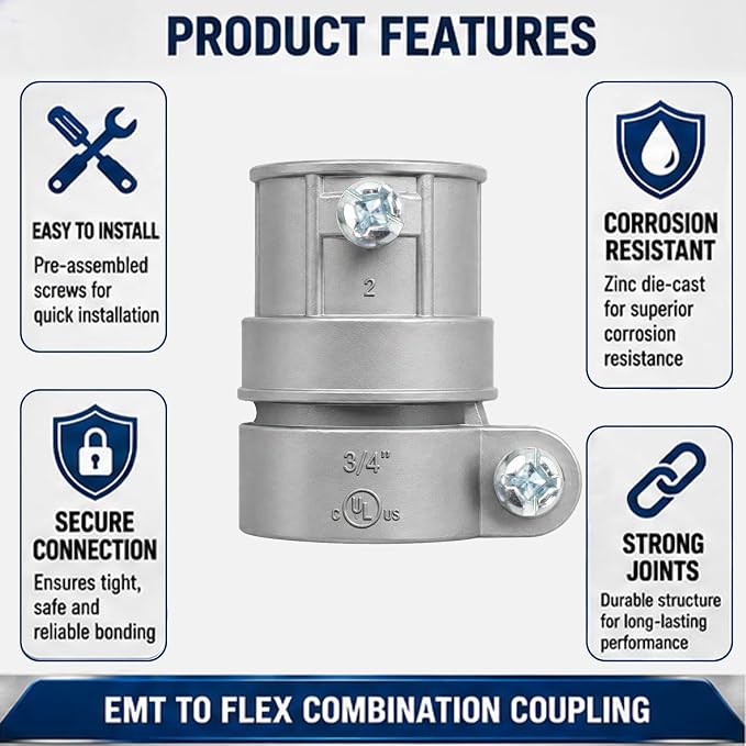 3/4" Squeeze EMT to Flex Coupling, UL Listed, 10 Pack | Zinc die-cast couplings - Image 3
