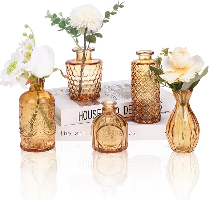 5pcs Amber Glass Bud Vase Set, Decorative Flower Vases by Fixwal