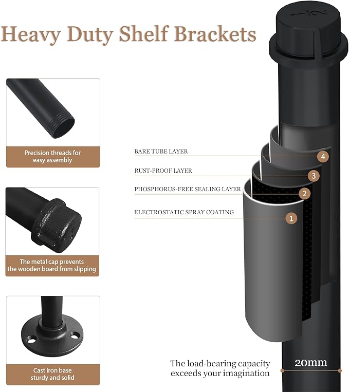 Metal Pipe Shelf Brackets for 12 Inches Board, Heavy Duty Wall Mounted Metal - Image 5