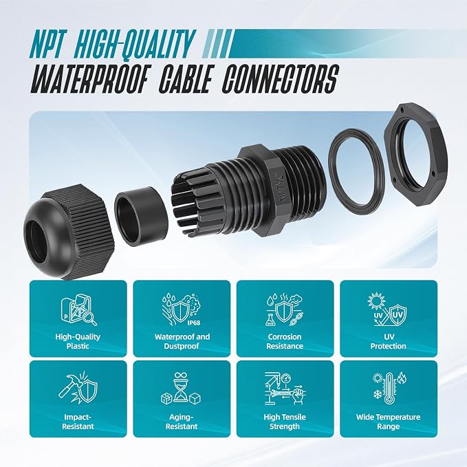 50 Pcs 1/2" NPT Cable Glands, IP68 Waterproof Adjustable Nylon Strain Relief - Image 5
