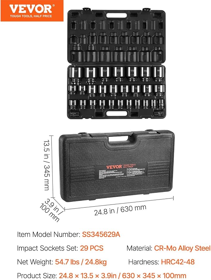 VEVOR 3/4 Inch Impact Socket Set, SAE 3/4-2-1/2 Inch | 6-Point Sockets - Image 9