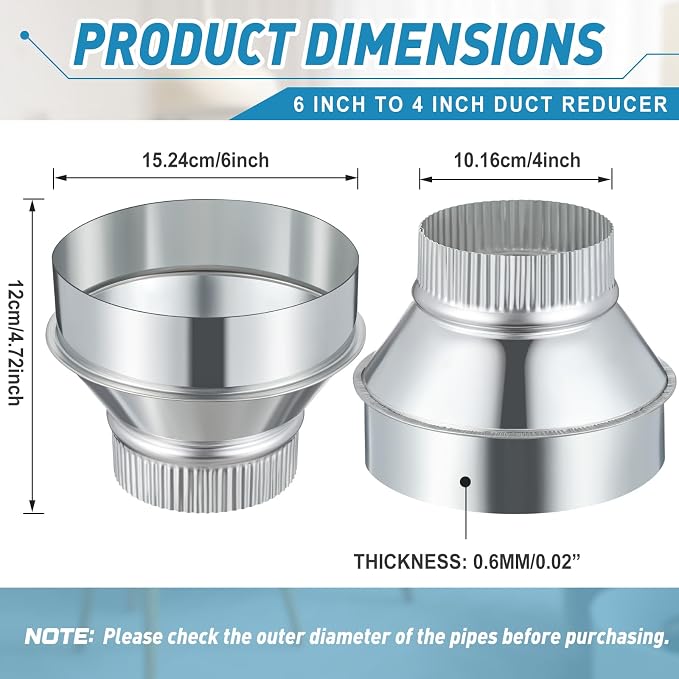 1 Pcs 6 Inch to 4 Inch Duct Reducer Increaser | Galvanized Steel Air Duct - Image 2