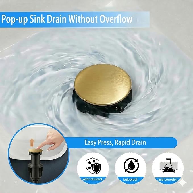 Bathroom Sink Drain Without Overflow- Brushed Gold Pop up Drain - Image 4