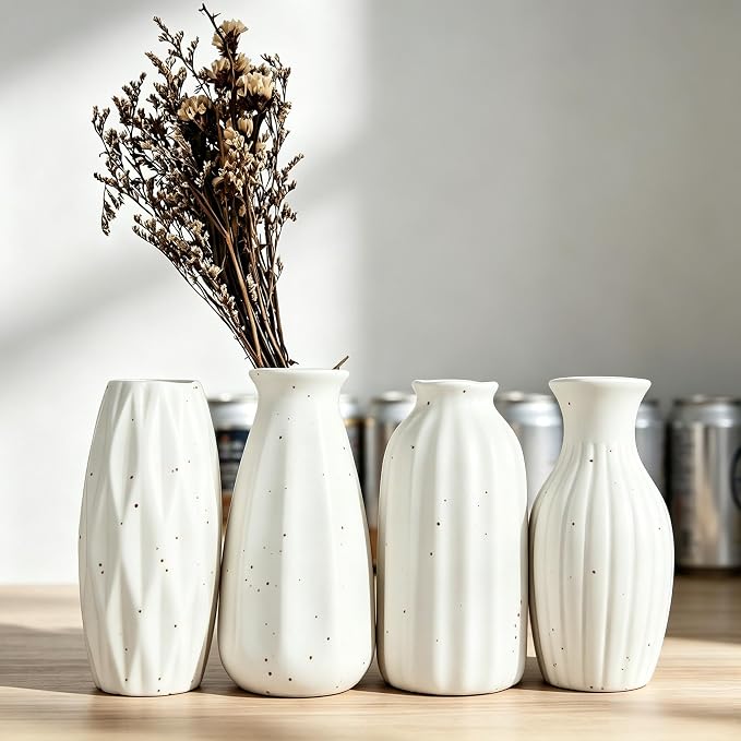 Set of 4 Small White Ceramic Vases Table Flower Vase Modern Decorative Vases - Image 6