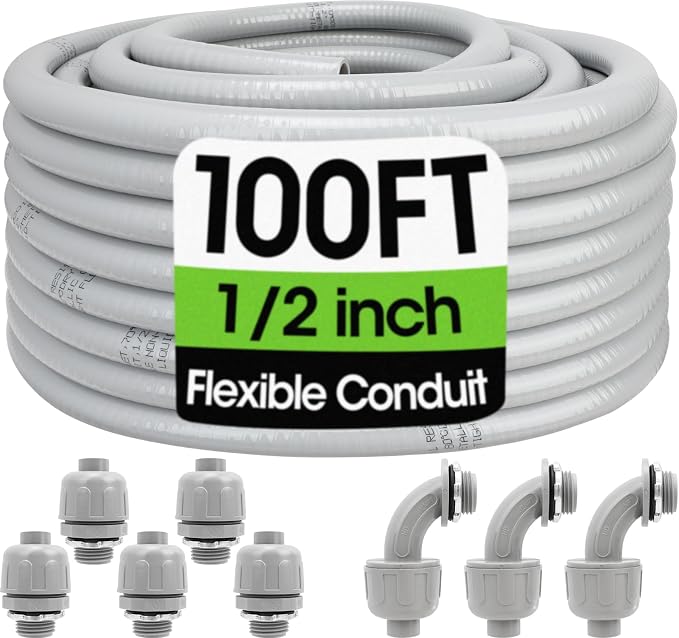 100FT Liquid-Tight Conduit and Connector Kit, 1/2 Flexible Non Metallic by YesBes