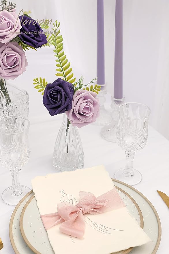 Artificial Flowers 25pcs Real Looking Lilac & Purple Foam Fake Roses - Image 3