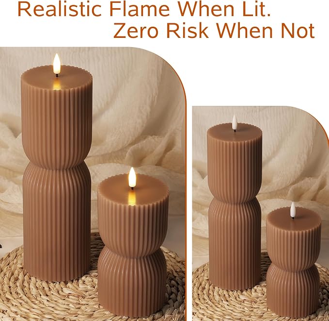 Brown Ribbed Fall Flameless Pillar Candles - Image 5