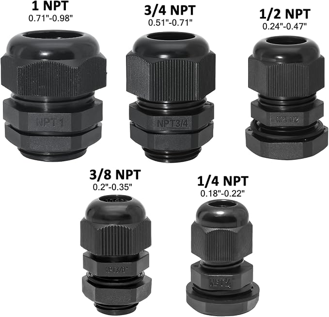 Bonsicoky 20 Pcs Nylon Cable Gland Kit, 1/4" 3/8" 1/2" 3/4" 1" | IP68 Waterproof - Image 2