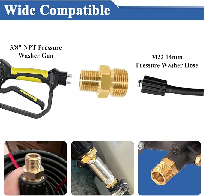 2 Pcs Brass M22 14mm Male to 3/8 Inch NPT Male Hose Adapter Kit | Rated 4500PSI - Image 4
