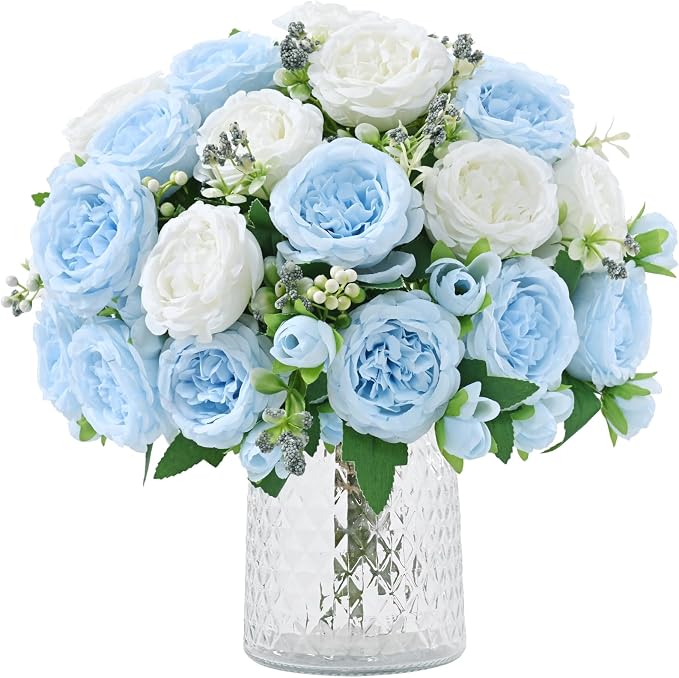 8 Packs Peonies Artificial Flowers Mixed White Blue Silk Artificial Peonies | by MARTINEMALL