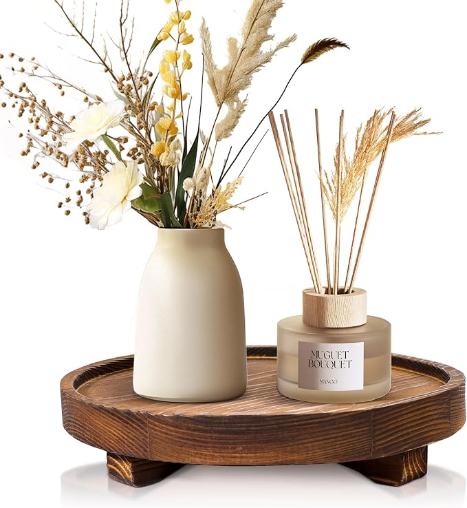 DEBETOOL Round Rustic Wood Decorative Tray | Farmhouse Bathroom Counter Tray & by DEBETOOL
