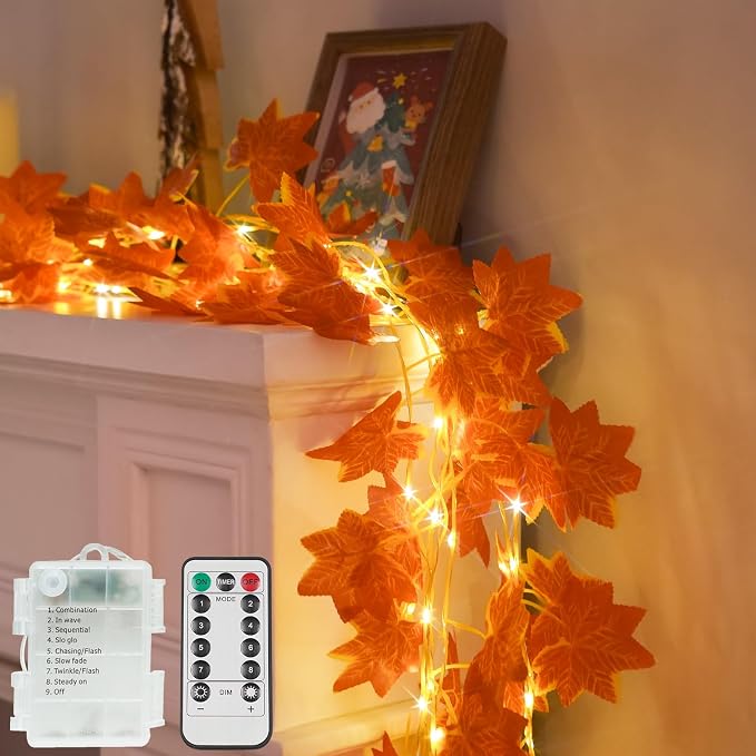 33FT 100 LED Maple Leaf String Lights Battery Operated Copper Wire | Vine by SUDDUS