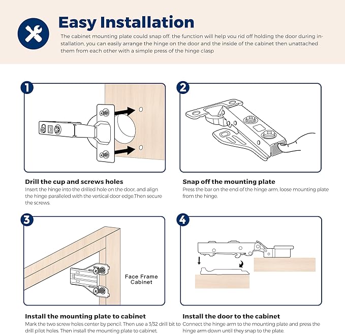 Ravinte Full Overlay Cabinet Door Hinges, 105 Degree, 4 Packs 2 Pair | Satin - Image 5